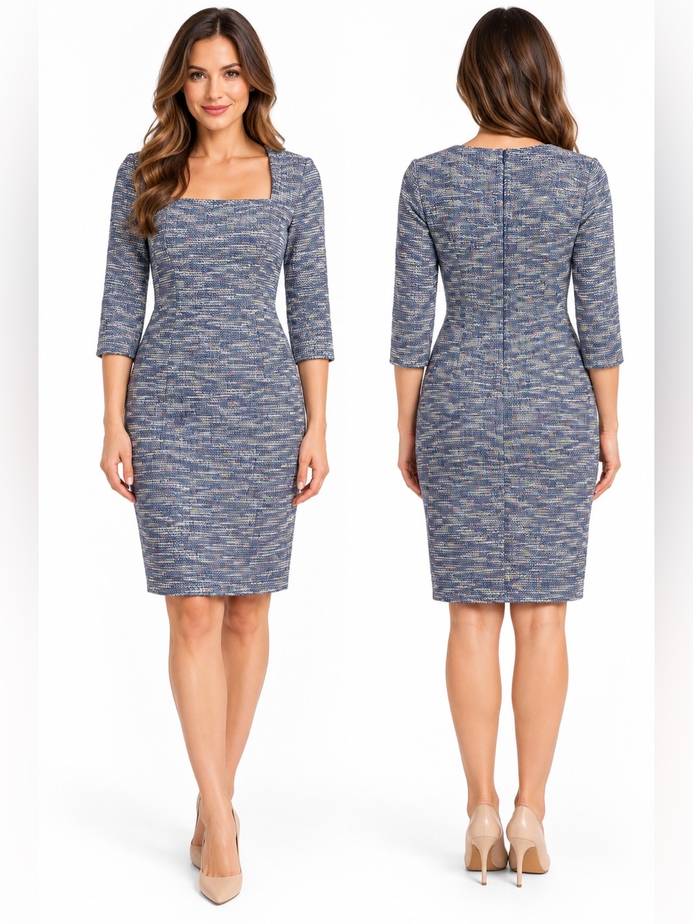 NWT VFSHOW Blue Multicolor Tweed Square Neck Sheath Dress Size XL